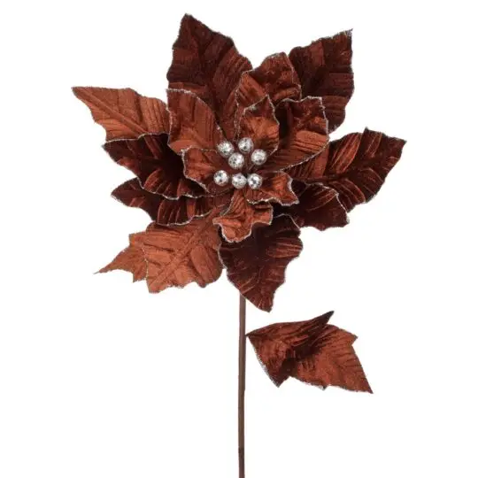 Velvet/Glitter Edge Poinsettia 24" Stem - Brown