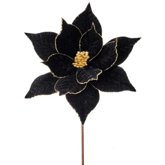 Velvet/Glitter Edge Poinsettia 22" Stem - Black/Gold