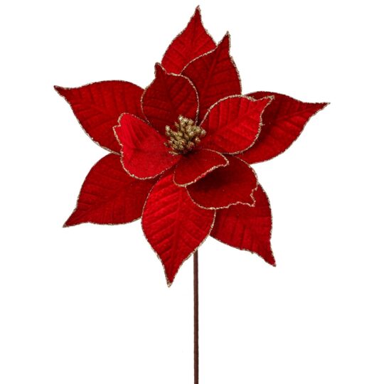 Velvet/Glitter Edge Poinsettia 22" Stem - Red/Gold