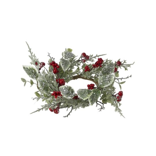 Frosted Holly/Berry 14" Candlering - Green/Red