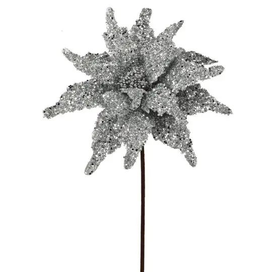 Sequin/Glitter Poinsettia 22" Stem - Silver
