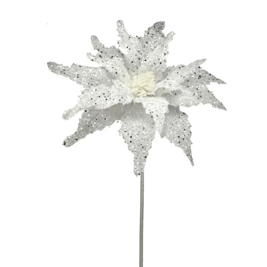 Sequin/Glitter Poinsettia 22" Stem - White