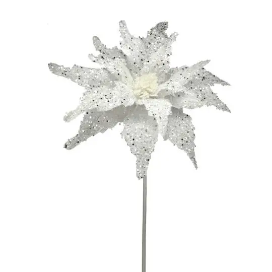 Sequin/Glitter Poinsettia 22" Stem - White
