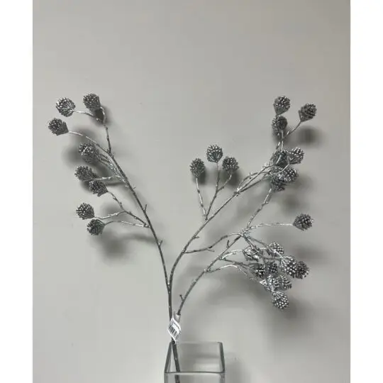 Metallic Pine Cones 27" Spray - Silver