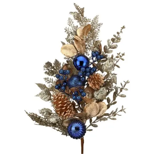 Glitter Leaf/Berry/Ball 32" Spray - Champagne/Blue