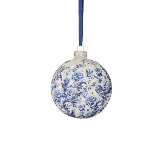 Glass Toile Print 4" Ball Ornament - Blue/White