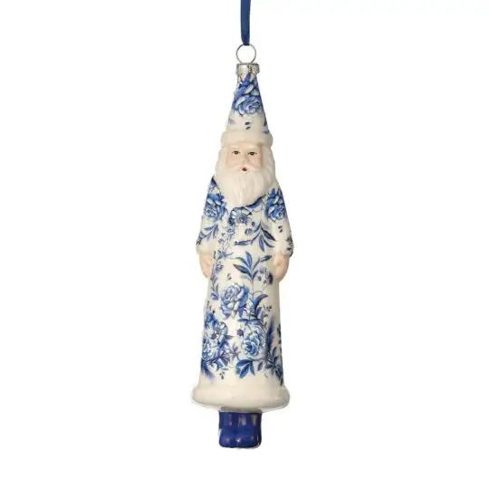 Glass Toile Print 8" Santa Ornament - Blue/White
