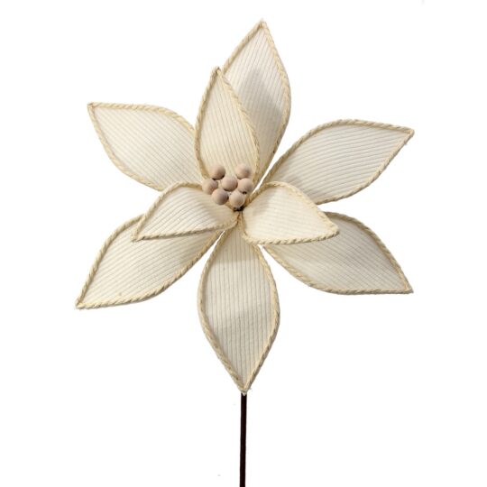 Corduroy /Wood Bead Poinsettia Stem 22" - Cream