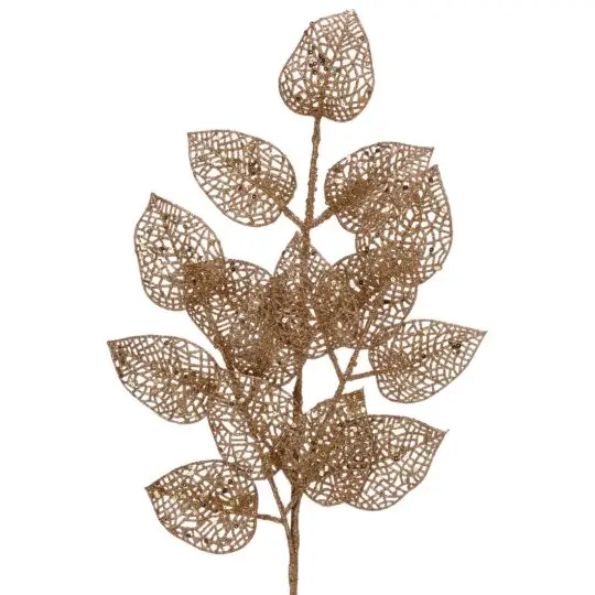 Glitter Lace Leaf 25" Spray - Gold