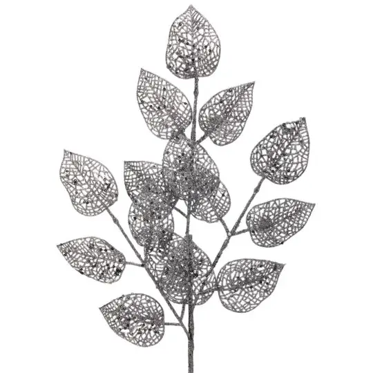 Glitter Lace Leaf 25" Spray - Silver