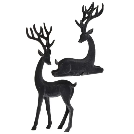 Set of 2 Resin Flocked Deer 10"-14" - Black