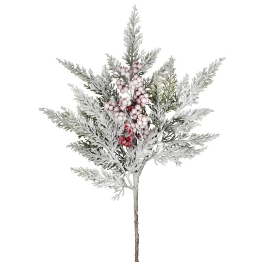 Flocked Cedar with Berry Spray 16" -Green/White/Red