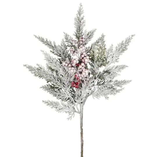 Flocked Cedar with Berry Spray 16" -Green/White/Red