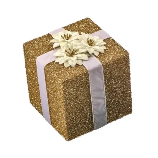 Glitter/Poinsettia Gift Box 8"Lx8"Wx8"H -Champagne