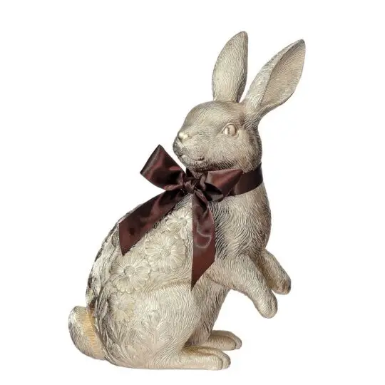 Resin Standing Bunny with Bow Facing Sideways 11" / Champagne