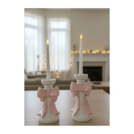 Set of 2 Resin Bowtie Candle Holder 7"/10" - White/Pink