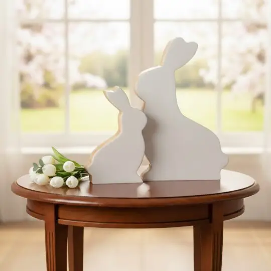Set of 2 Enamel/Mango Wood Bunny - 3.5"/ 7.5" - White