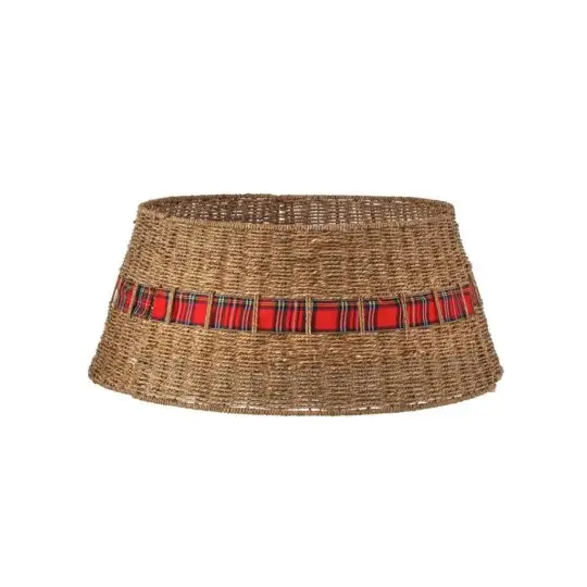 Sisal/ Plaid Ribbon Tree Collar 26"D - Natural/Red