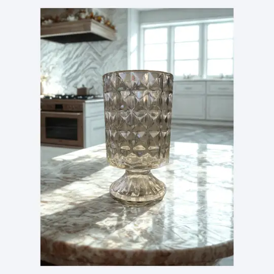 Footed Glass Diamond Cylinder 7"H 4"D - Clear