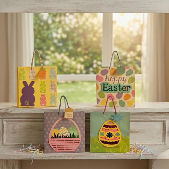 Pack of 48/Assorted Easter Gift Bags 12"H 10"W - Pink/Yellow/Blue