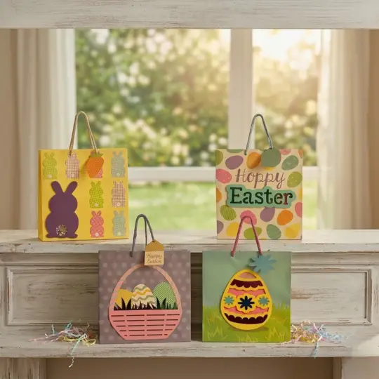 Pack of 48/Assorted Easter Gift Bags 12"H 10"W - Pink/Yellow/Blue