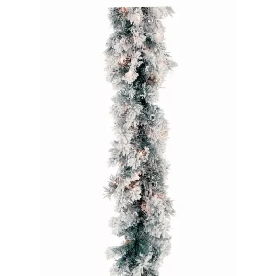 9' x 10" LED Flocked Furry Pine Garland -Green/White / 100 lights