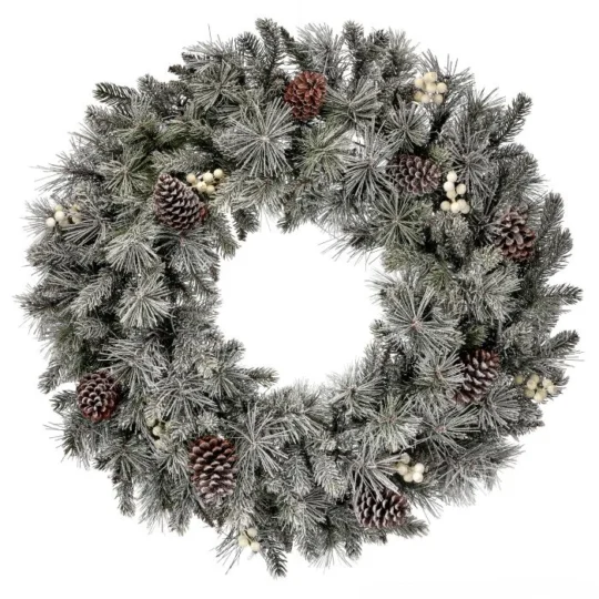 30" Flocked Pine Wreath with Berries/Cones -Green/ / White