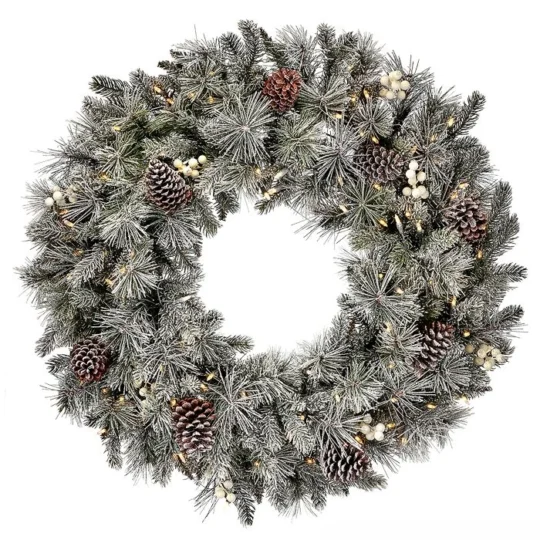 30" LED Flocked Pine Wreath with Berries/Cones / White   100 lights