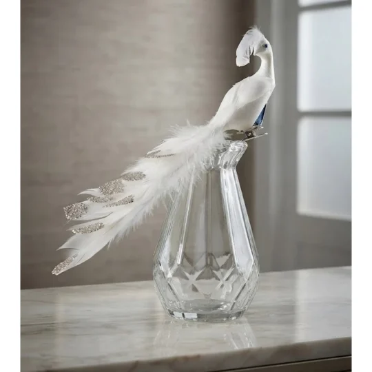 Feather / Glitter tail Peacock on clip 12" - White / Champagne