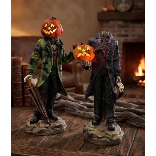 Set of 2 LED Resin Pumpkin Men - Purple/Green