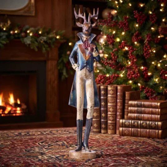 Resin Gentlemen Deer with Coffee Cup 20" - Blue/White