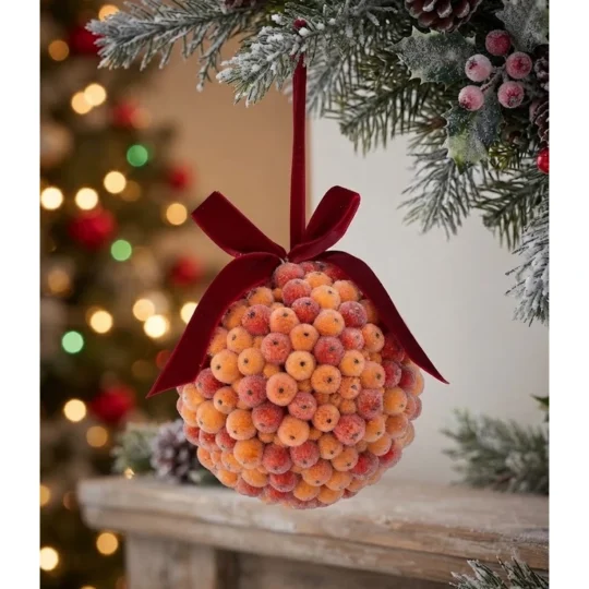 Beaded Berry Ball 5" with Velvet Bow - Orange