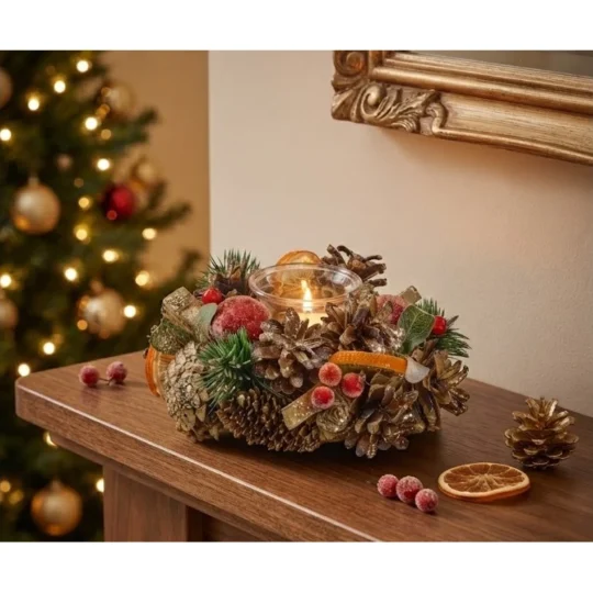 Beaded Fruit/Pine Cone Candle Holder 7.5" - Red/Gold