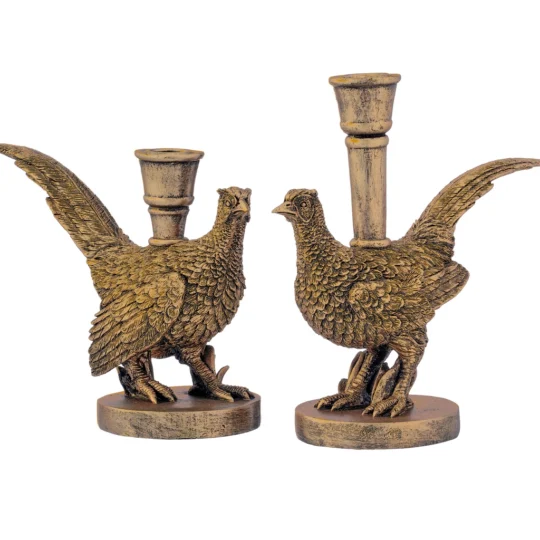 Set of 2 8.5" Resin Pheasant Candle Holders - Gold