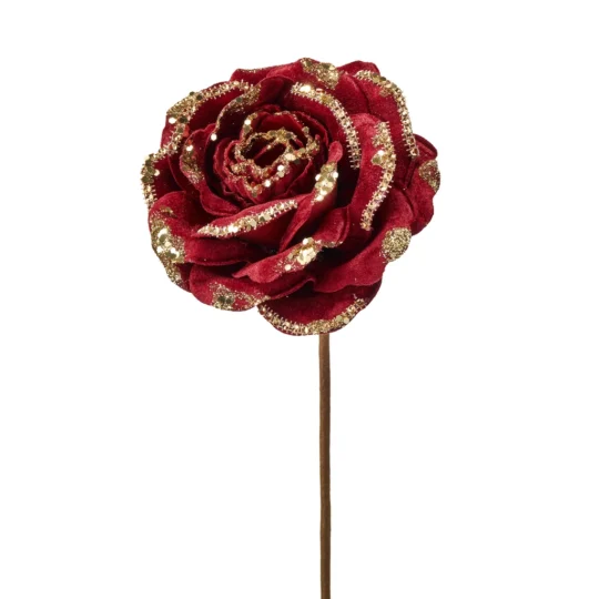 Glitter/Jewel Edge Velvet Rose 19" Stem - Burgundy/Gold